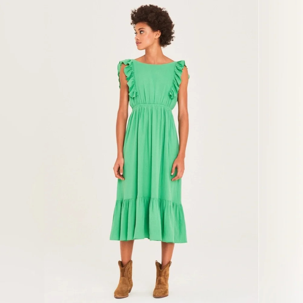 BA&SH Joyce Ruffled Cotton Midi  Dress, size M